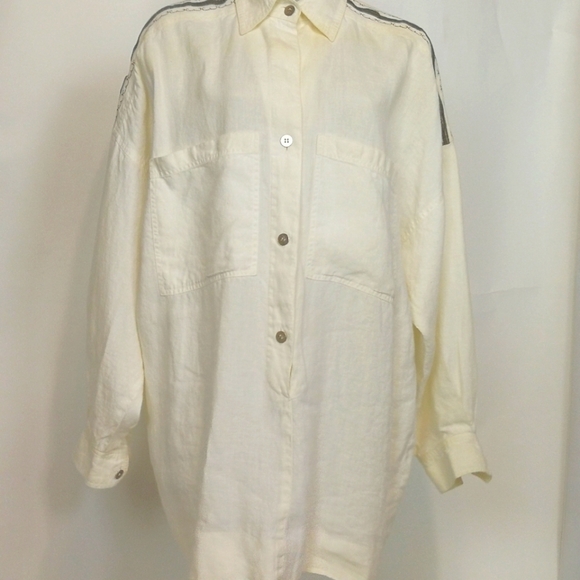 80s Vintage crisp white linen embroidered with silver yoke shirt dress - Picture 8 of 11